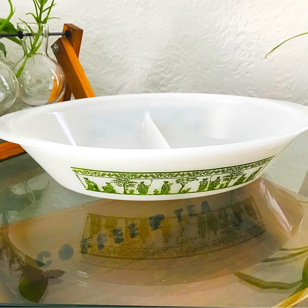 Vintage 1960 Jeannette Glasbake Milk Glass Divided Serving Baking Casserole Dish
